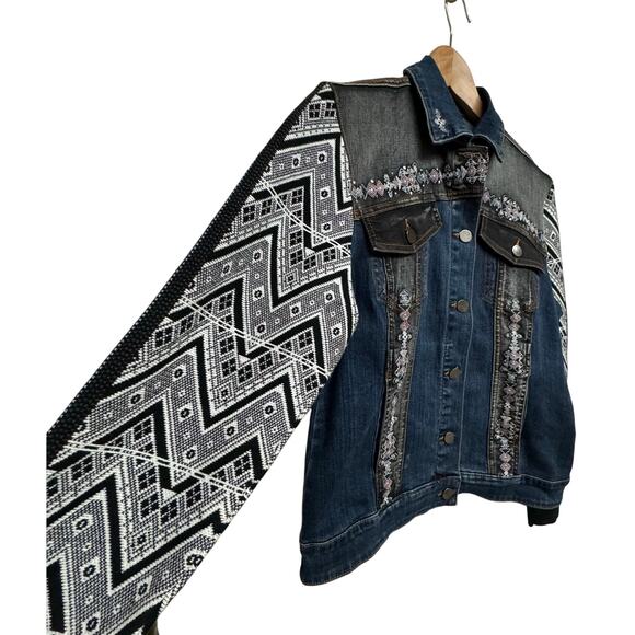 Reba Embroidered Denim Jacket Aztec Knit Sleeves Boho Wester Approx. M - Picture 7 of 8